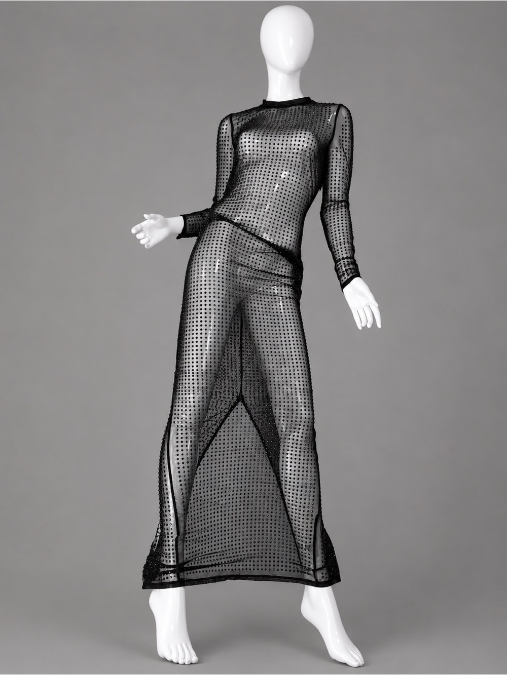 Fashion Nova XL Sheer Black Beaded Crystals Long-Sleeve Evening Gown